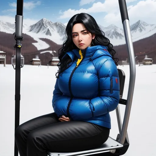 ai text to picture generator - a woman in a blue jacket sitting on a ski lift in the snow with mountains in the background and a blue sky, by Terada Katsuya