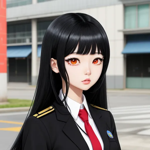enhance image quality - a woman in a uniform standing in front of a building with a red tie on her neck and long black hair, by Taiyō Matsumoto