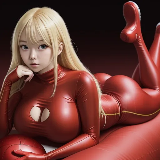 a woman in a red latex outfit laying on a red object with her hand on her chin and her right hand on her chin, by Hiromu Arakawa