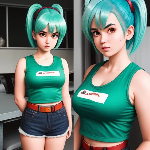 a woman with green hair and a green shirt and shorts standing in front of a table with a laptop, by Akira Toriyama