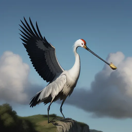 a large bird with a long beak standing on a rock with its wings spread out and a gold beak in its mouth, by Pixar Concept Artists