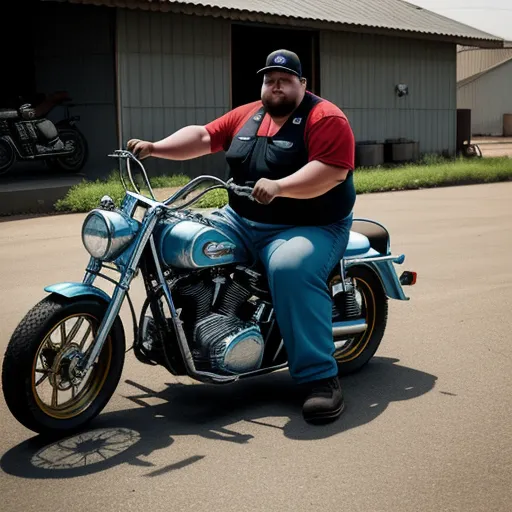 a man riding a motorcycle on a street next to a building with a garage behind it and a motorcycle parked in front of it, by Joel Sternfeld