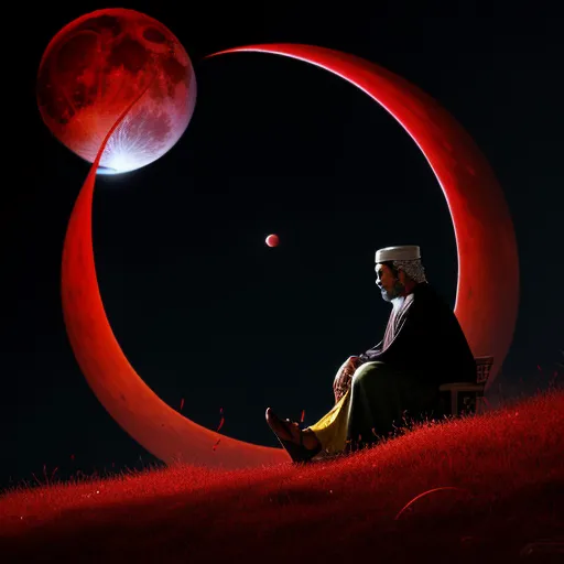 free online upscaler - a man sitting on a bench in front of a red moon and a red moon in the sky above him, by Peter Holme III