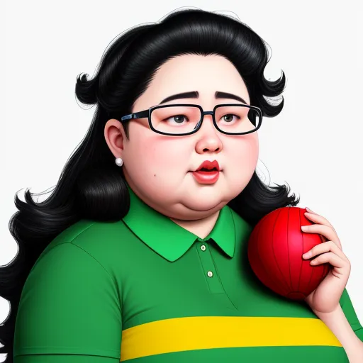 a woman with glasses holding a red ball in her hand and a green shirt on her chest and a yellow and yellow stripe on her shirt, by Rebecca Sugar