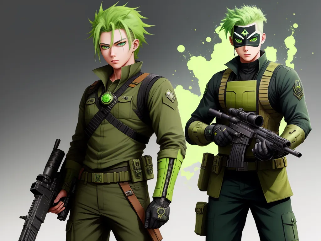 two men in green uniforms with guns and green hair, one holding a gun and the other holding a gun, by Toei Animations