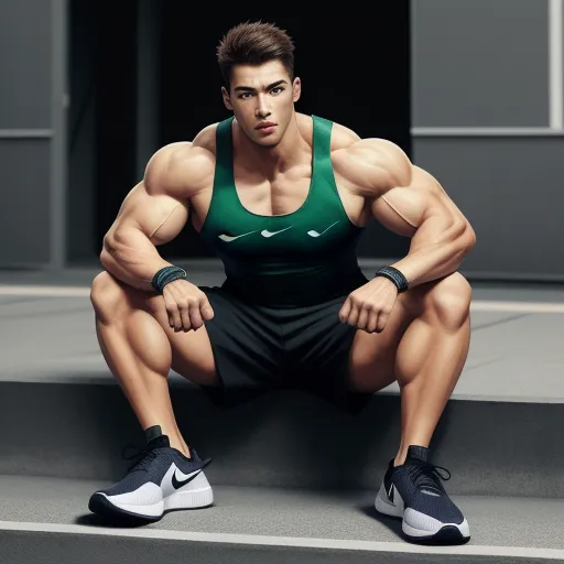 high resolution - a man in a green shirt and black shorts squatting on a step with his hands on his hips, by Chen Daofu