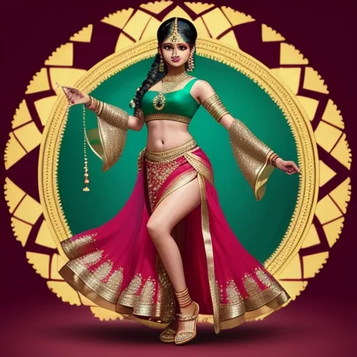 a woman in a belly dance outfit with a gold and red outfit on her belly and a gold and red background, by Raja Ravi Varma