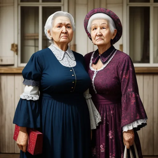 two older women standing next to each other in a kitchen with a wooden table and cabinets behind them,, by Julie Blackmon