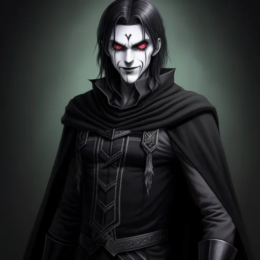 a man in a black cape and red eyes wearing a black cloak and a black cape with a red eye, by George Manson