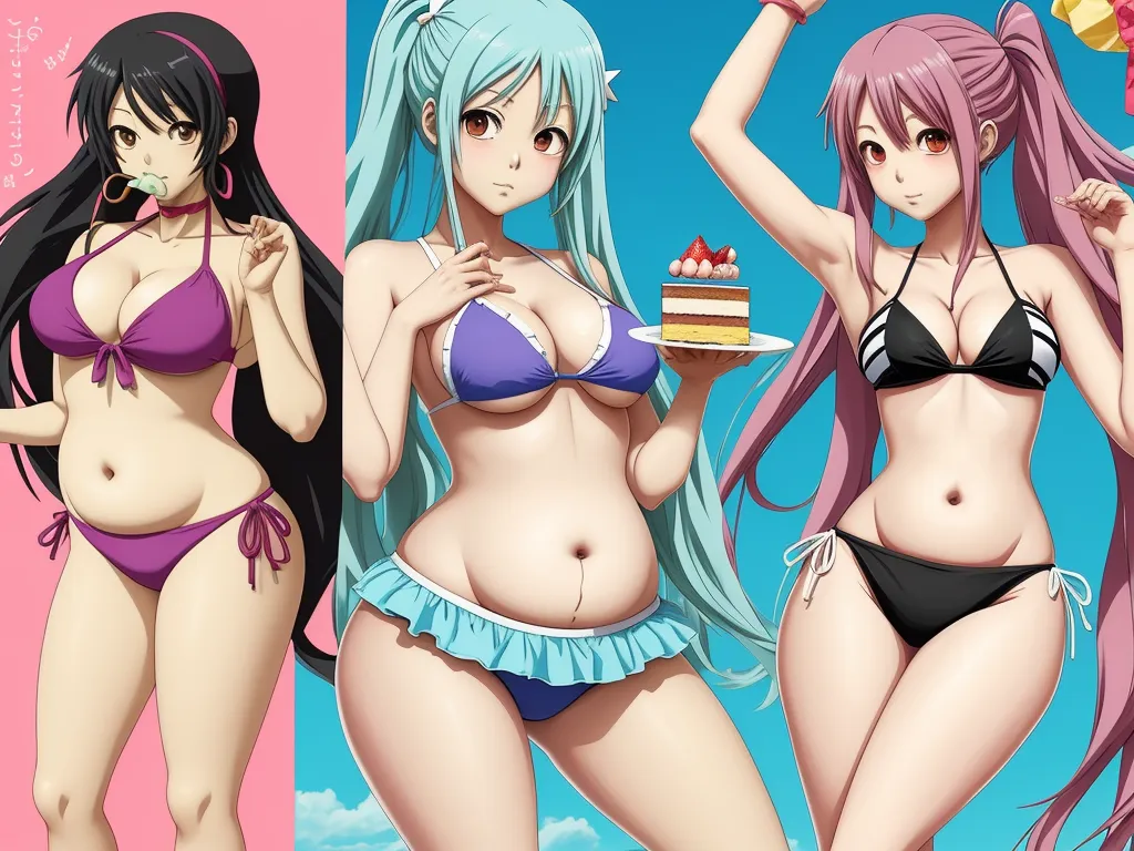 4k quality photo converter - three anime girls in bikinis and one with a cake on a plate and one with a cupcake, by Toei Animations