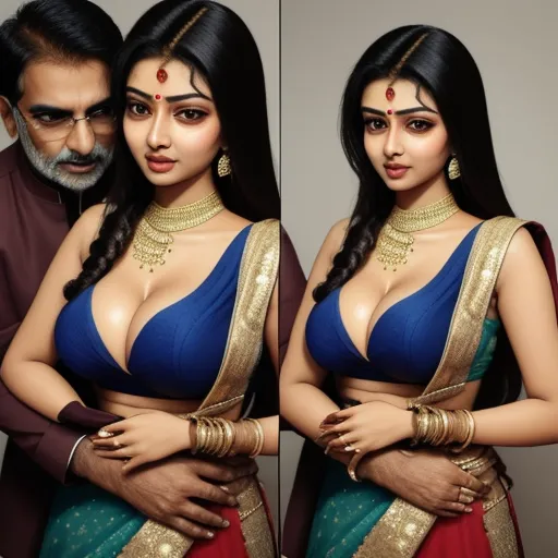 convert to 4k photo - a woman in a blue and gold sari with a man in a brown suit behind her and a man in a brown suit behind her, by Raja Ravi Varma