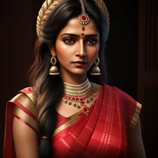 a woman wearing a red and gold sari and a necklace and earrings with a red and gold necklace, by Raja Ravi Varma