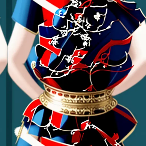 increase resolution of image - a woman in a dress with a flag on it's back and a gold belt around her waist, by Baiōken Eishun