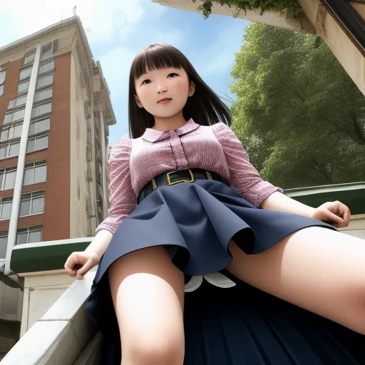 a woman in a skirt sitting on a ledge in front of a building with a tree in the background, by NHK Animation