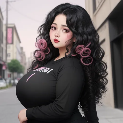 a woman with long black hair and pink curls on her head standing on a street corner with a building in the background, by Terada Katsuya