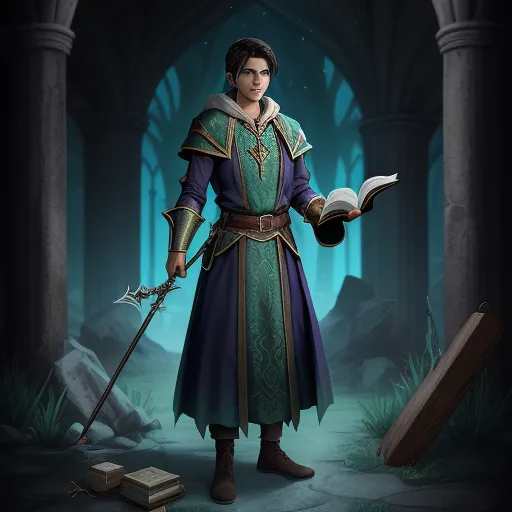 image resolution enhancer - a man in a medieval costume holding a book and a sword in a dark room with columns and arches, by Chen Daofu