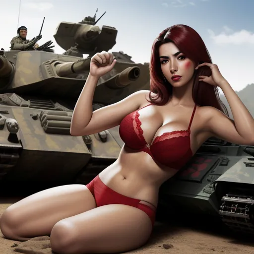 upscale images - a woman in a red bra and panties sitting next to a tank and tank man in the background with a gun in his hand, by Hendrik van Steenwijk I