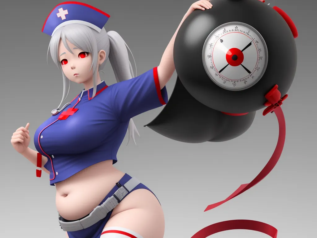 a cartoon character is holding a clock and a ribbon around her waist and a red ribbon around her waist, by theCHAMBA