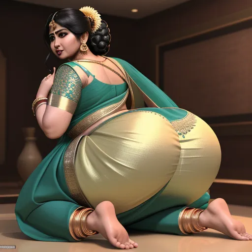 increase image size - a woman in a green and gold sari sitting on the floor with her hands on her hips and her right hand on her hip, by Raja Ravi Varma