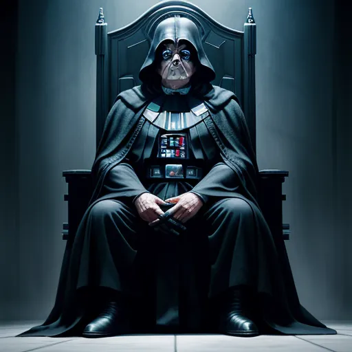 turn a picture into high resolution - a man in a darth vader costume sitting on a throne in a dark room with a light on, by Andy Fairhurst