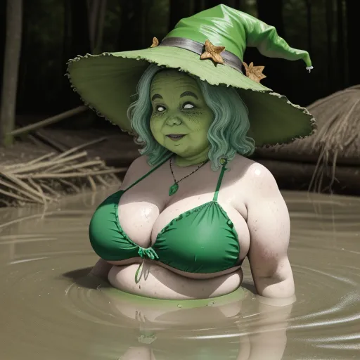 a woman in a green bikini and green hat in water with trees in the background and a green hat on her head, by Studio Ghibli