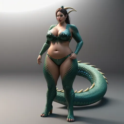 a woman in a green bikini standing next to a green dragon statue on a gray background with a white light behind her, by Billie Waters