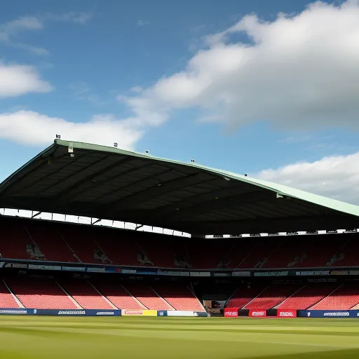 low quality - a stadium with a green field and a blue sky with clouds in the background and a few red seats, by Gustaf Munch-Petersen