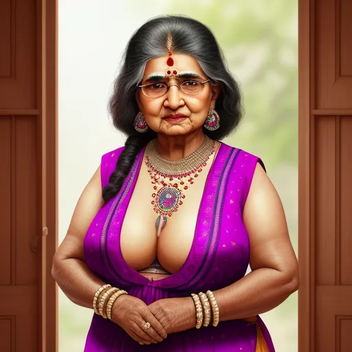 a painting of a woman in a purple sari with a necklace and earrings on her chest and a door in the background, by Hendrick Goudt