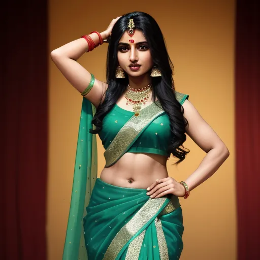 a woman in a green sari and a gold necklace and earrings is posing for a picture in a studio, by Hendrik van Steenwijk I