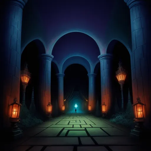 increase image size - a person standing in a dark tunnel with lanterns on either side of it and a green light at the end, by Lois van Baarle