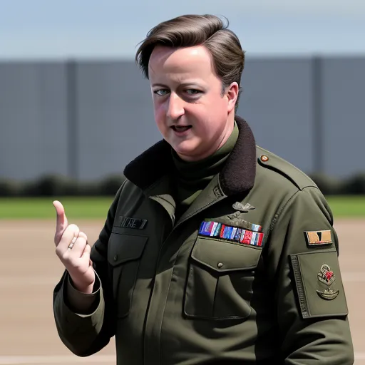 text-to-image ai free - a man in a military uniform giving a thumbs up sign with a building in the background and a field in the foreground, by David Young Cameron