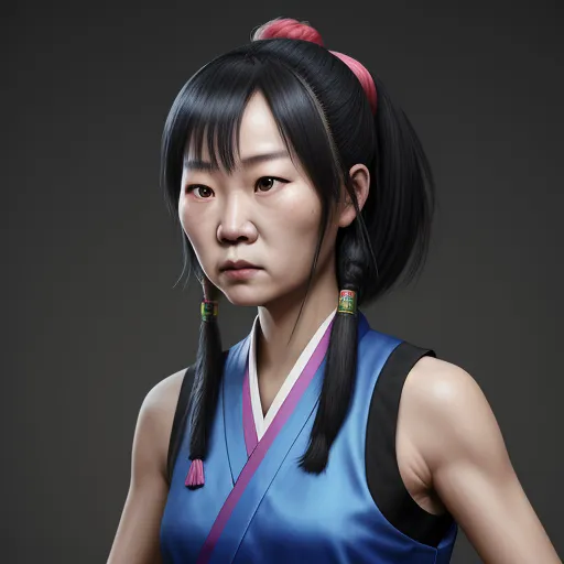 a woman with a ponytail and a blue dress with a pink ribbon on her head and a black background, by Chen Daofu