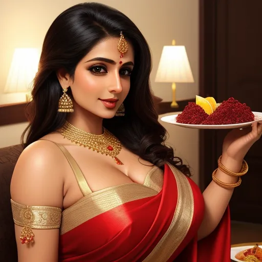 a woman in a red sari holding a plate of food with a slice of orange on it and a piece of cake on a plate, by Raja Ravi Varma