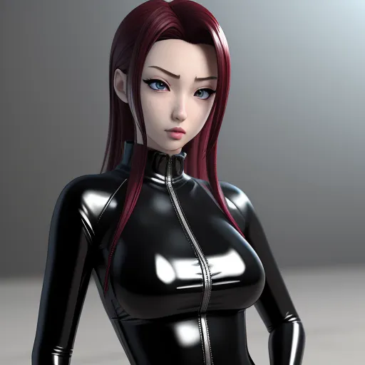 a woman in a black latex suit with red hair and blue eyes is posing for a picture in a studio, by Hirohiko Araki