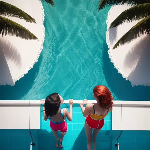 two women in bathing suits standing in front of a pool with a palm tree mural on the wall behind them, by Alex Prager