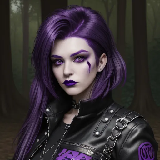 4k picture converter free - a woman with purple hair and makeup is wearing a black leather jacket and purple lipstick and a purple and black outfit, by Daniela Uhlig