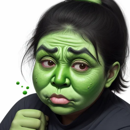 generate ai images from text - a woman with green makeup and a green nose and nose ring on her head, with a green substance in her mouth, by Hendrik van Steenwijk I