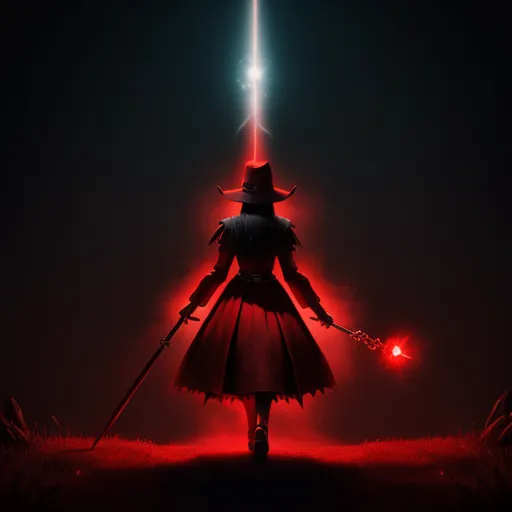 a woman in a red dress holding a sword and a light saber in her hand, standing in a field, by Christopher Balaskas