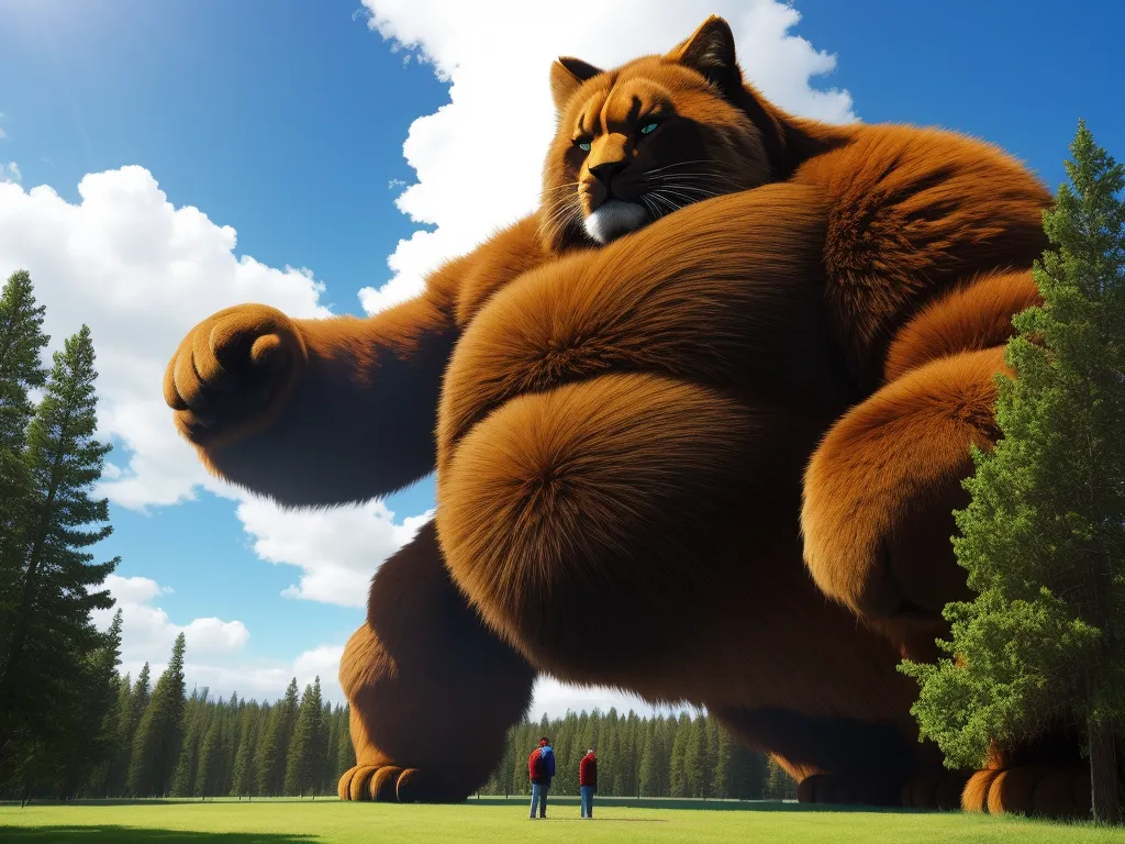 a giant bear is in the air with a man standing behind it in a field with trees and clouds, by Studio Ghibli