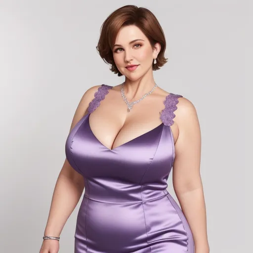 a woman in a purple dress posing for a picture with her hands on her hips and her breasts exposed, by Edith Lawrence