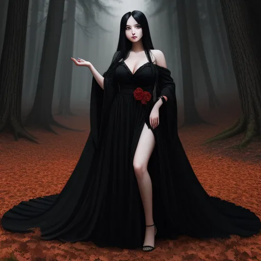 a woman in a black dress standing in a forest with a rose in her hand and a black cape over her shoulder, by Sailor Moon