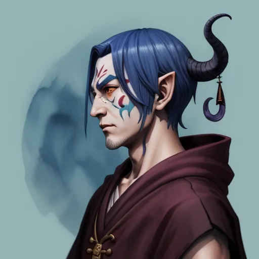 a man with blue hair and a demon like face paint job on his face and a devil like nose, by Lois van Baarle