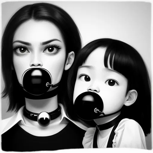 high resolution image - a woman and a child with fake noses and nose rings on their heads, both wearing black collars, by Daniela Uhlig