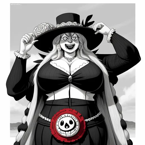 ai text to picture generator - a woman in a black dress and a hat with a skull on it's chest and a red rose in her hand, by Eiichiro Oda