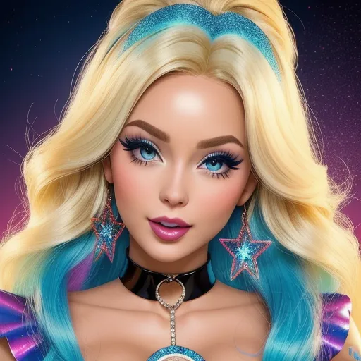a barbie doll with blue hair and a star necklace on her neck and a necklace with a star on it, by Jasmine Becket-Griffith