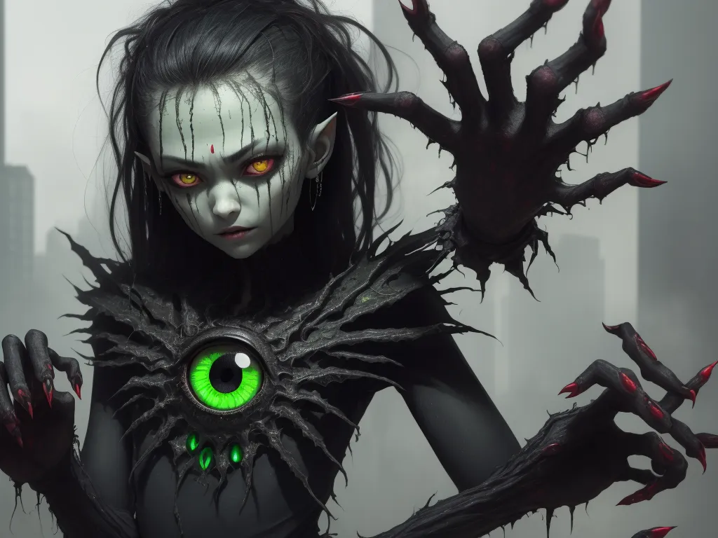 a woman with green eyes and black hair holding a green eyeball in her hands with a city in the background, by Jeff Simpson