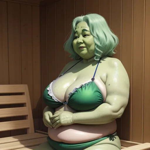 a woman in a green bikini sitting on a bench in a sauna sauna sauna sauna sauna sauna sauna sauna sauna, by Hirohiko Araki