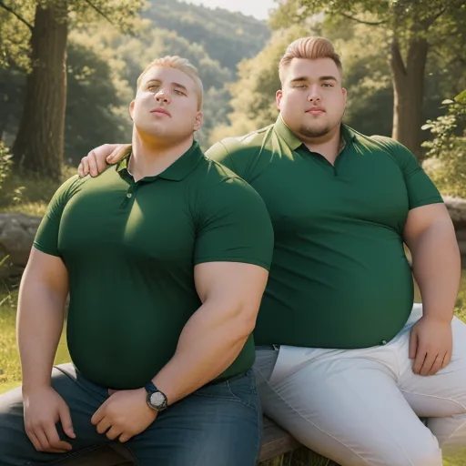 two men sitting on a bench in a park, one of them is wearing a green shirt and the other is white pants, by Botero