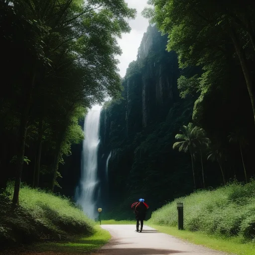 a person walking down a road near a waterfall in the forest with a backpack on their back and a backpack on their shoulder, by Elizabeth Gadd