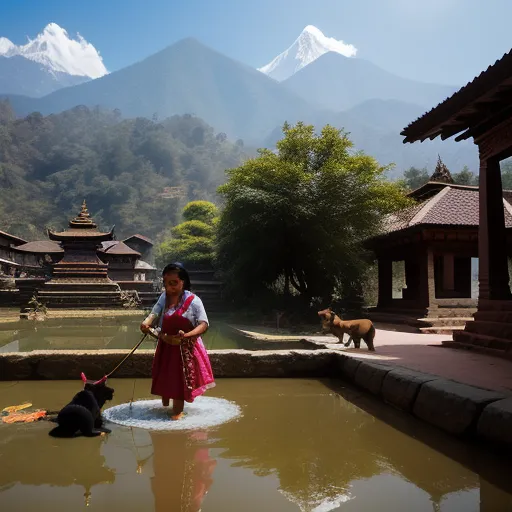 a woman in a red dress is standing in a pond with a dog and a cat nearby and mountains in the distance, by Dan Smith